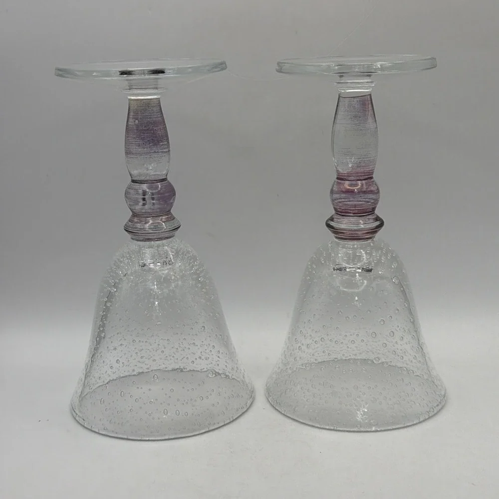 2 Wine Goblets Pottery Barn Hand Blown Bubble Glass Pink Iridescent 7.25